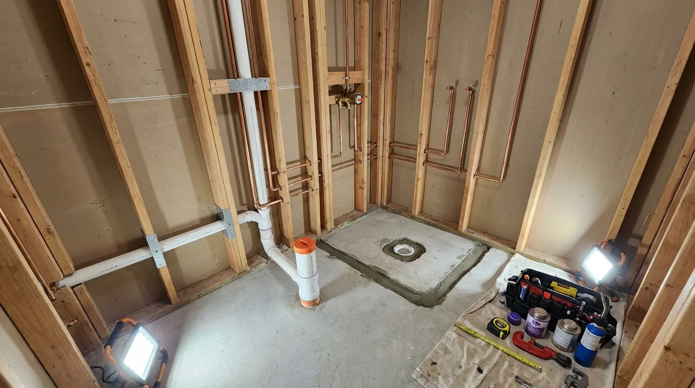 Bathroom rough-in plumbing during remodel by Johns Plumbing LLC in Metamora