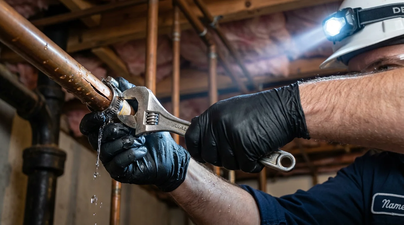 Emergency pipe clamp repair being performed by a Johns Plumbing LLC plumber in Metamora