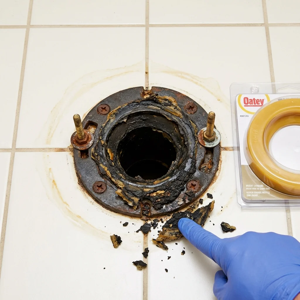 Failed wax ring showing water seepage at the base of a toilet in a Metamora, IL home