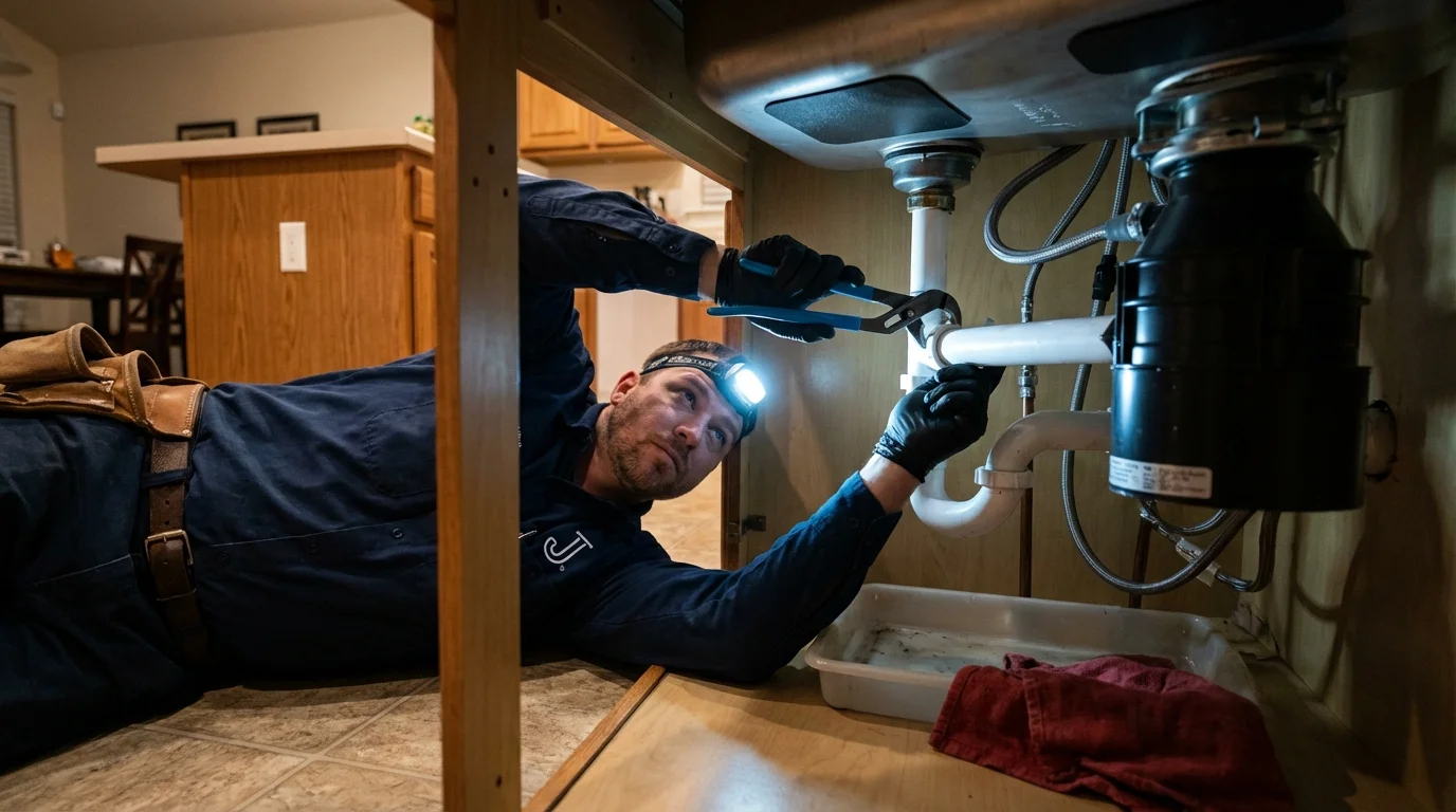 P-trap and supply line connections under a kitchen sink showing a common leak point in Metamora, IL
